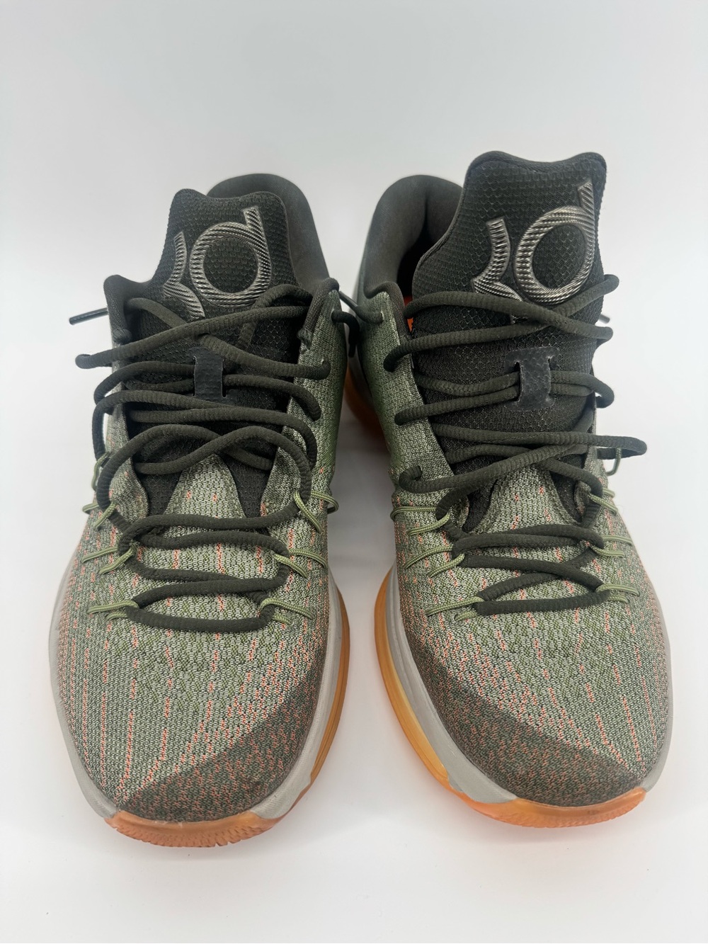 Nike KD Olive Green Knit Basketball Shoes with Orange Outsole size 10